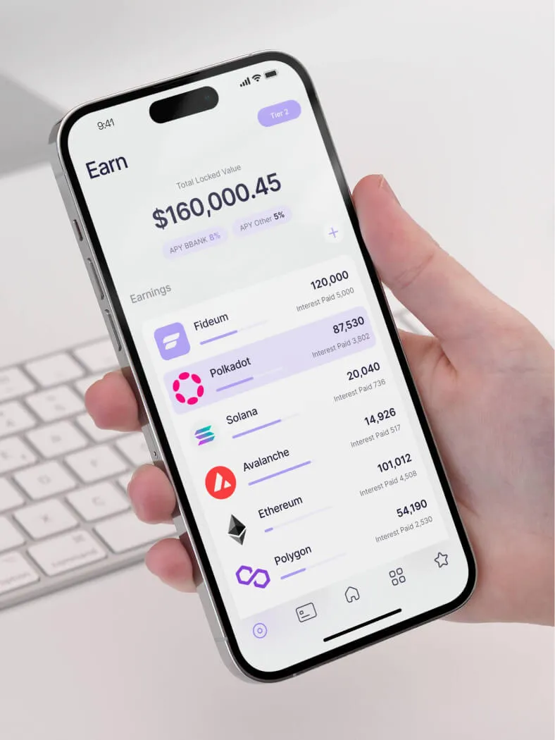 A phone in the hand with a screen of Fideum mobile app